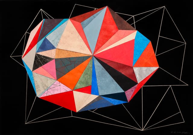 Aus der Serie "Besuch vom anderen Stern", 2021. Geometrische Dreiecke auf schwarzem Grund, mixed media, paper, 70 × 100 cm.