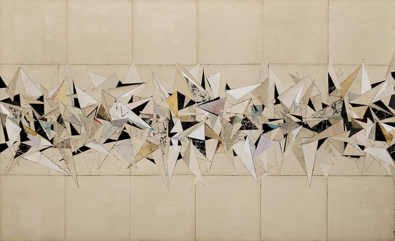 City, 2016. A horizontal band of angular, faceted shards across a quiet ground, mixed media decollage on canvas, 111.5 x 182.4 cm.
