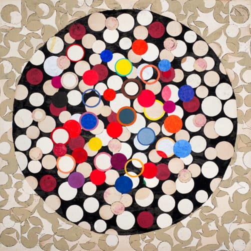 From the Series "Happiness", 2025. A constellation of small circles arranged within a larger dark orb on a pale ground, mixed media decollage on canvas, 150 x 150 cm.