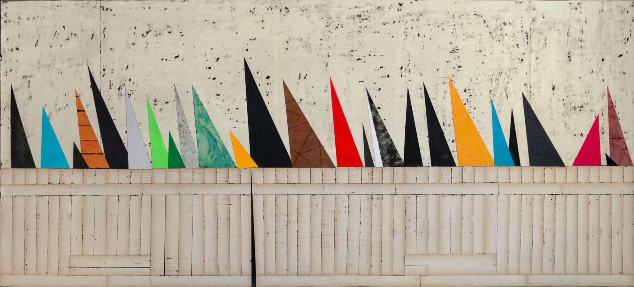 From the Series "Behind the Fence", 2016. Coloured triangles rise above a pale wall, mixed media décollage on paper, 68 × 149 cm.