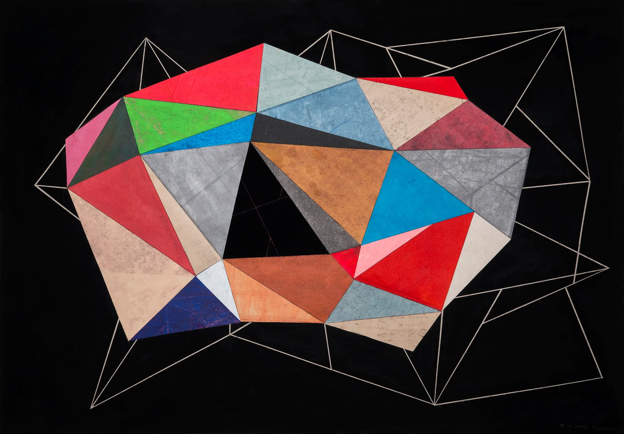 Aus der Serie "Besuch vom anderen Stern", 18.06.2018. Geometrische Dreiecke auf schwarzem Grund, mixed media, paper, 70 × 100 cm.