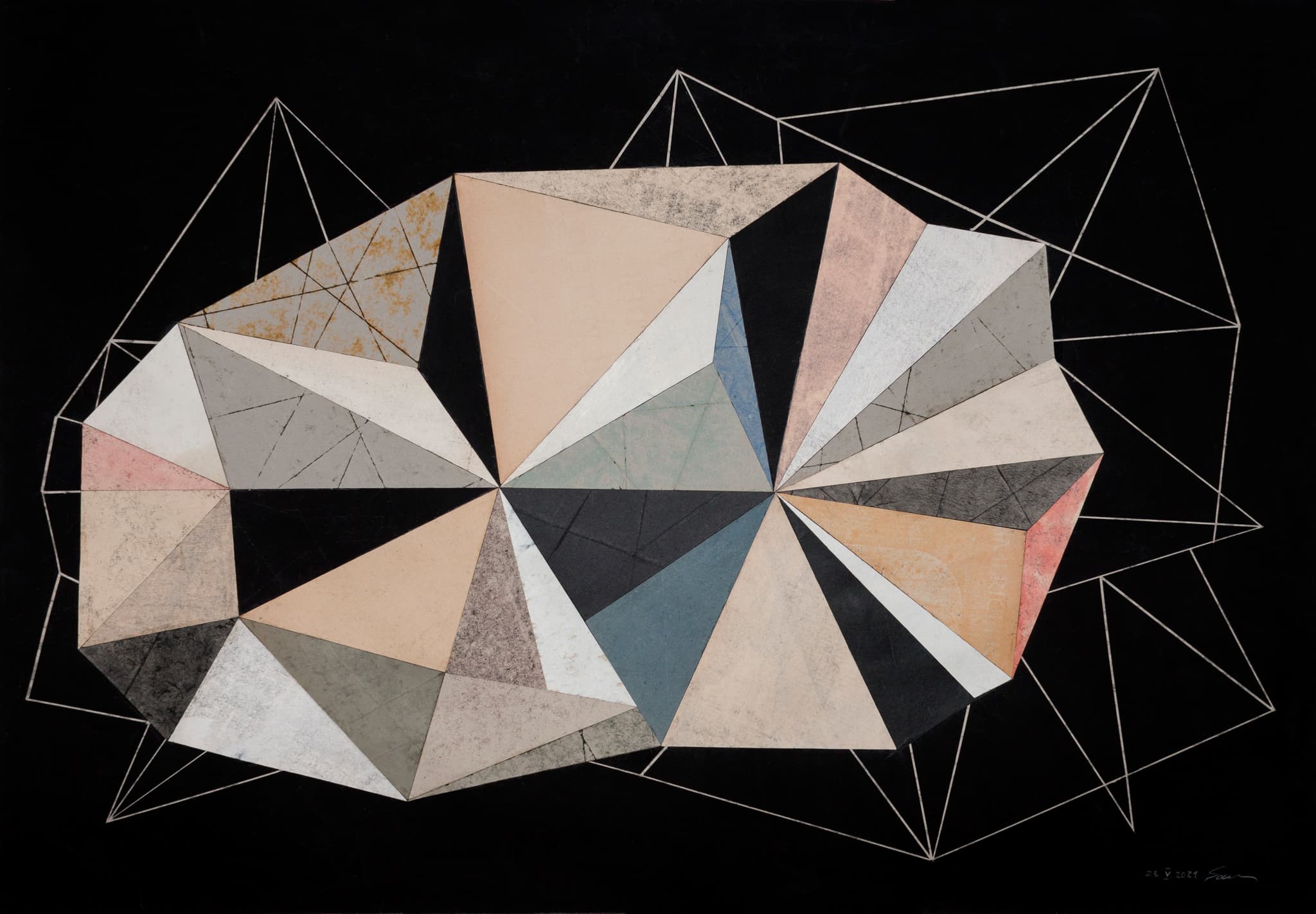 Aus der Serie "Besuch vom anderen Stern", 2018. Geometrische Dreiecke auf schwarzem Grund, mixed media, paper, 70 × 100 cm.