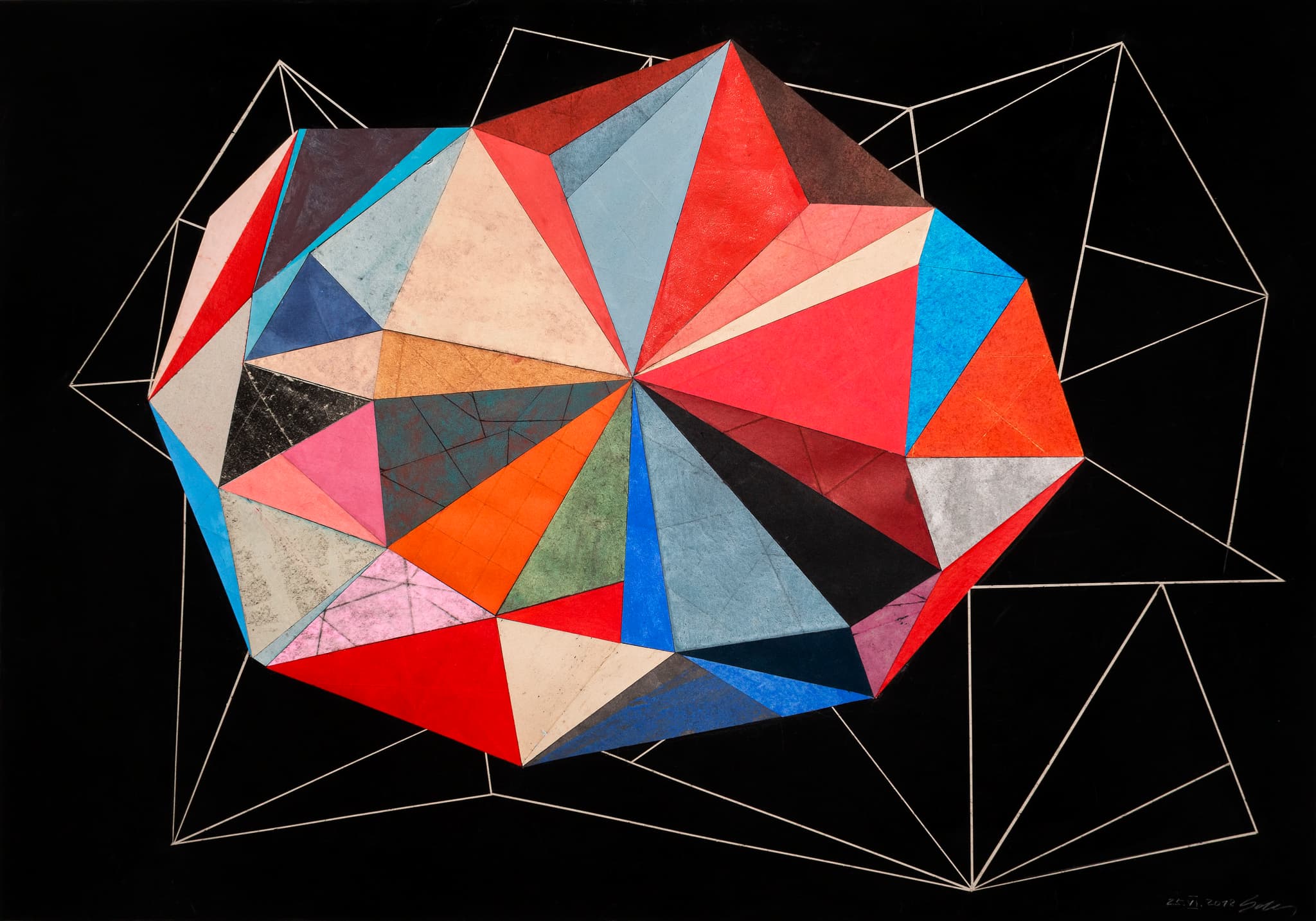 Aus der Serie "Besuch vom anderen Stern", 2021. Geometrische Dreiecke auf schwarzem Grund, mixed media, paper, 70 × 100 cm.
