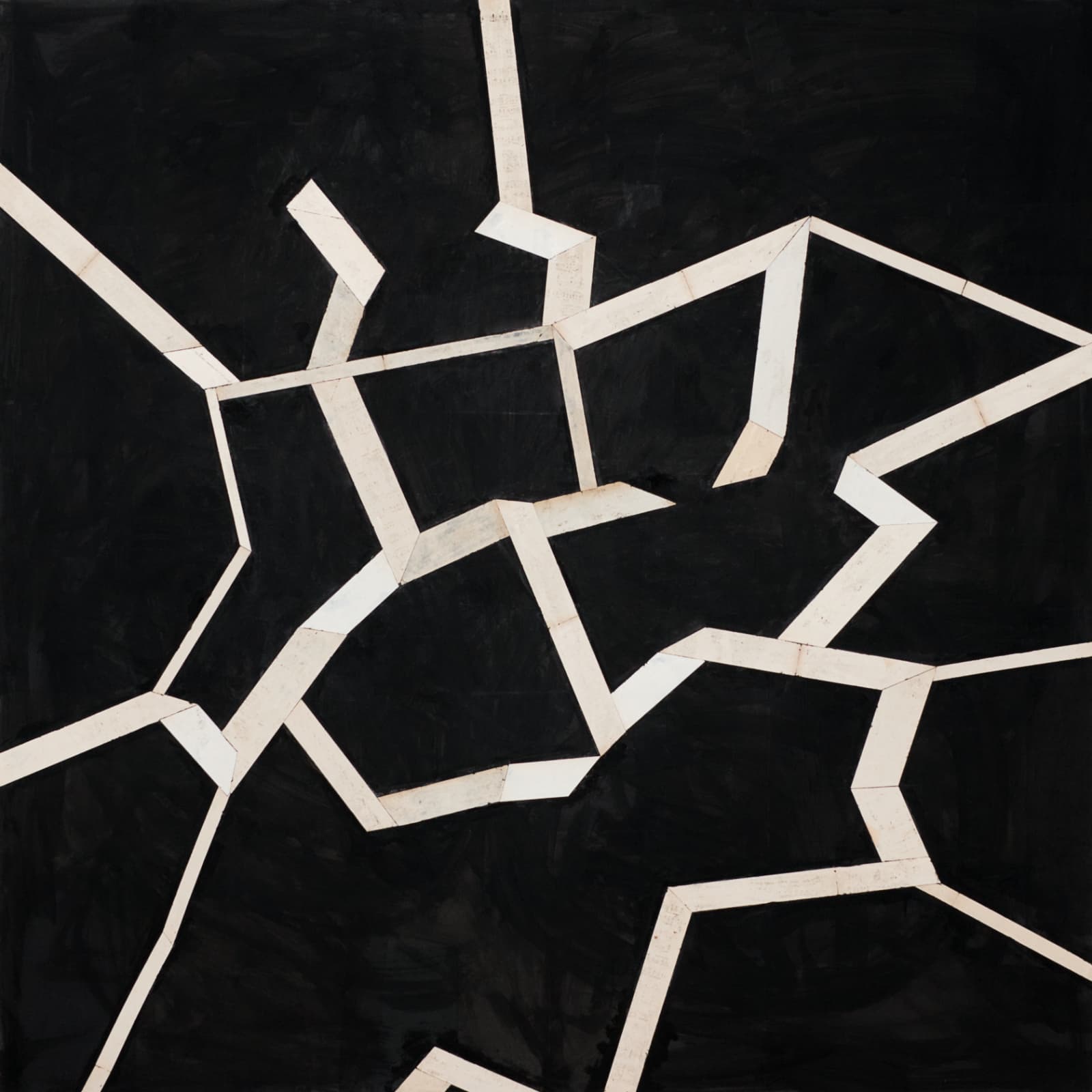 Untitled, 2025. White angular lines on a dark ground, mixed media décollage on canvas, 150 × 150 cm.