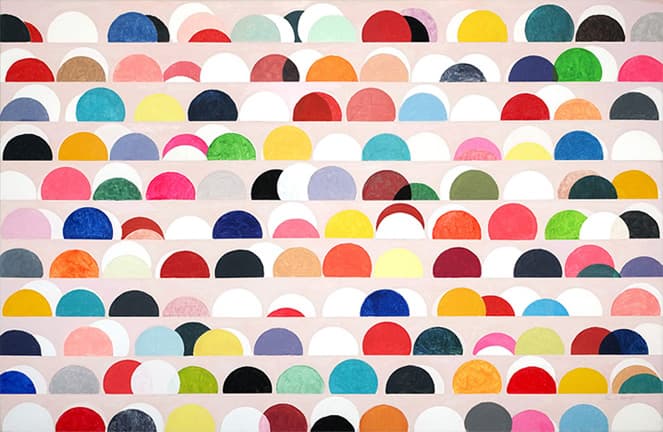 From the Series "Happiness", 2018. Mixed media on canvas with an arched motif, 95 x 145 cm.