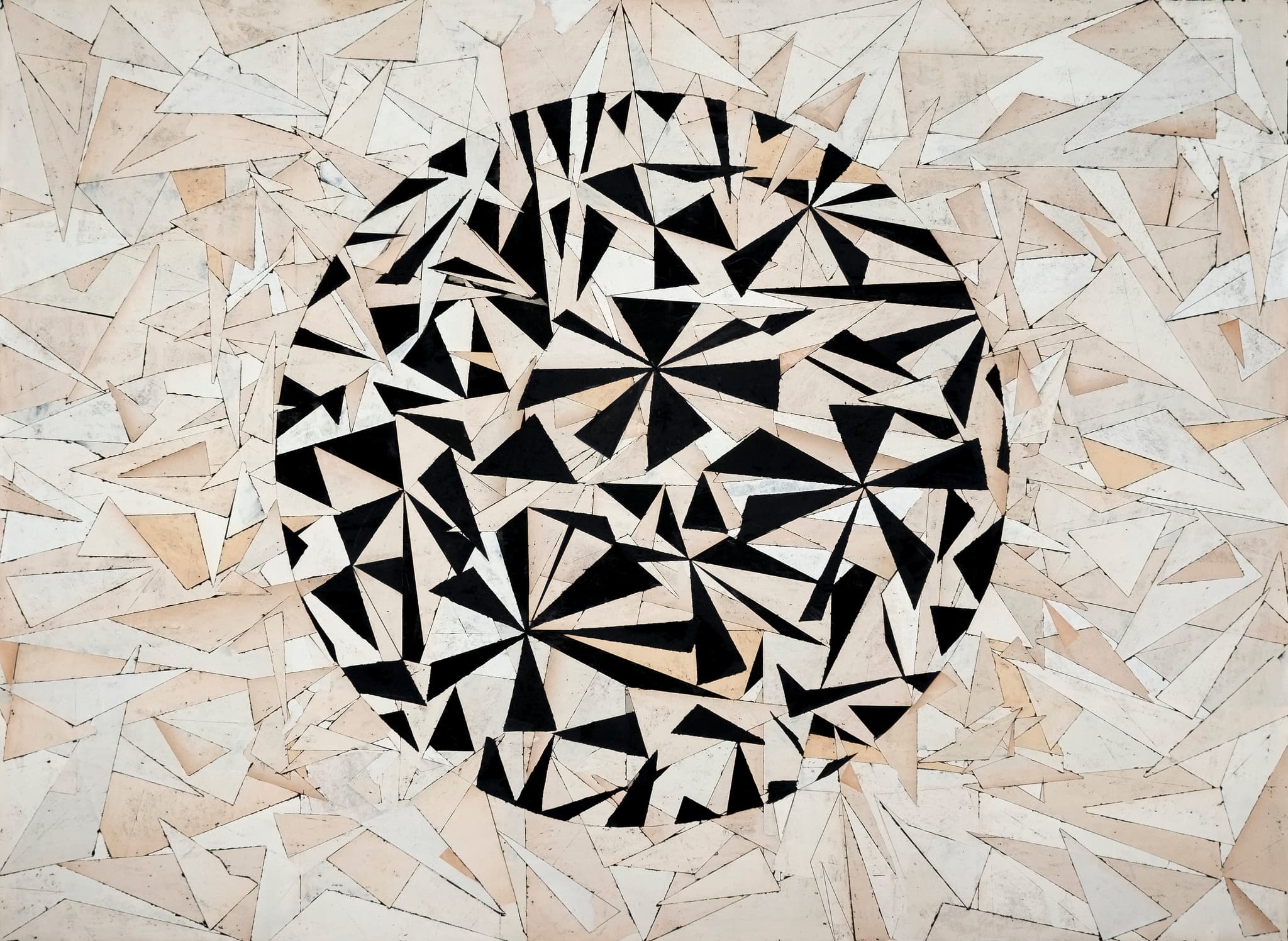 Offenbarung, 2023. A circular composition of small triangular shards on a pale ground, mixed media décollage, 97 × 130 cm.