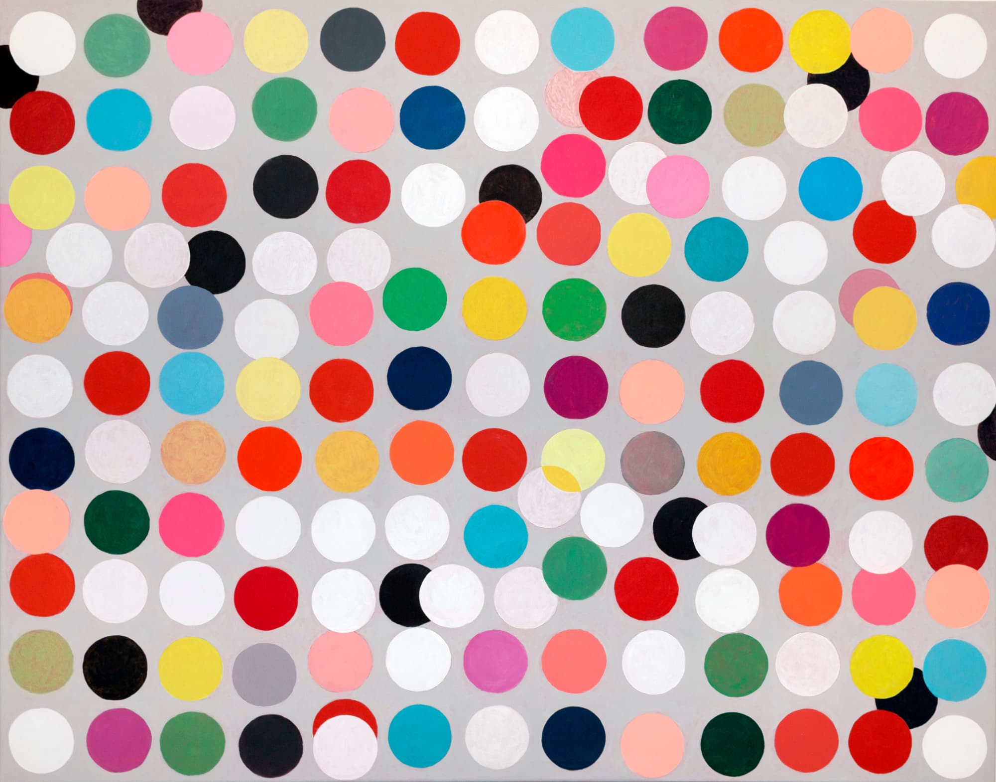 From the Series "Happiness", 2022. Coloured circles on a grey ground, mixed media on canvas, 150 × 190 cm.