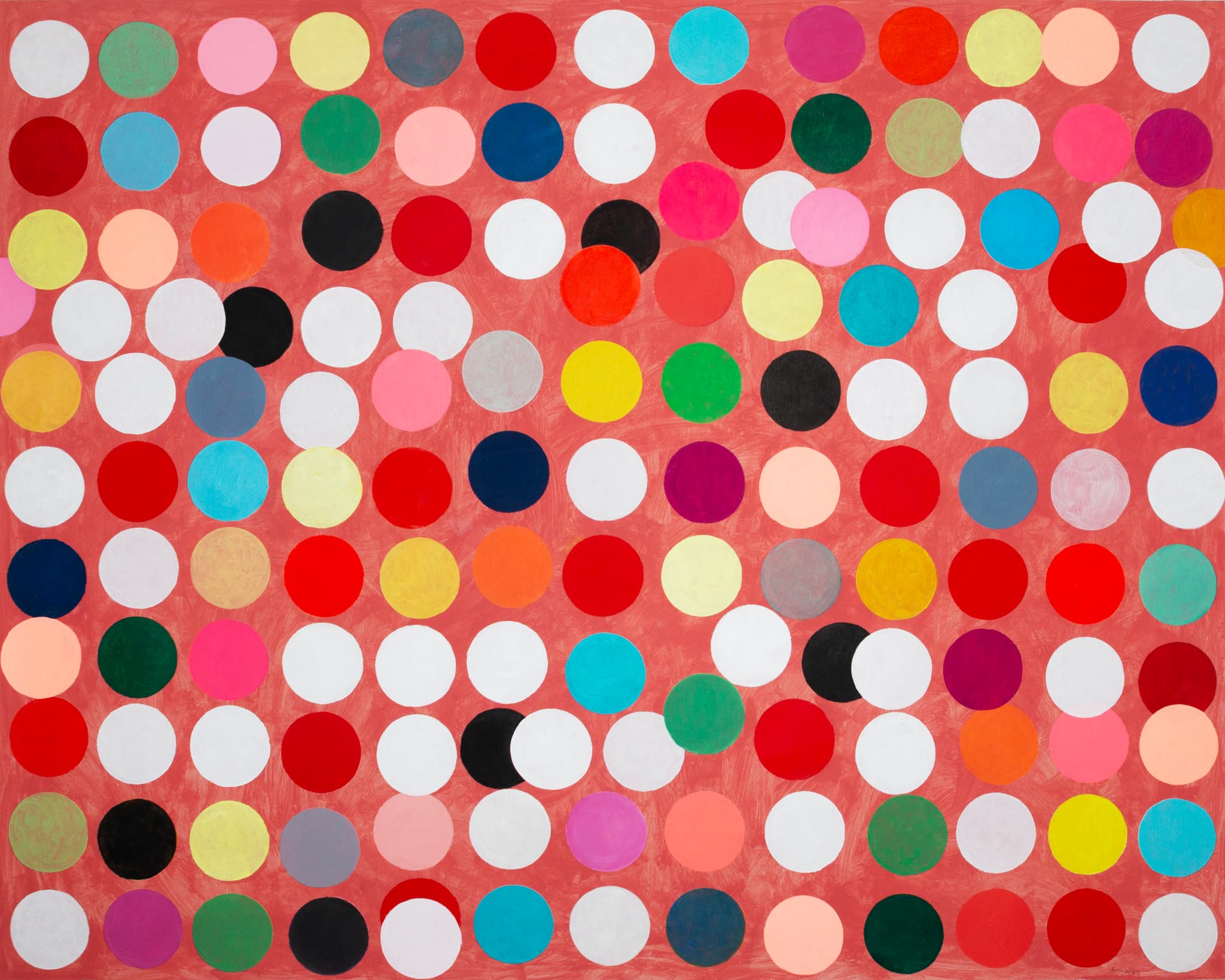 From the Series "Happiness", 2022. Coloured circles on a red ground, mixed media on canvas, 155 × 200 cm.