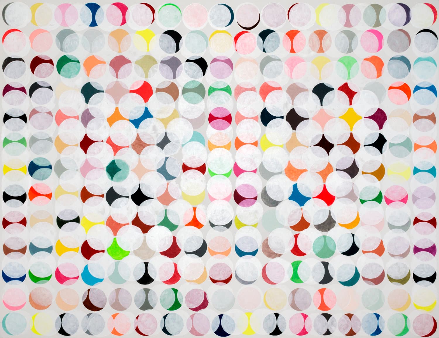 From the Series "Happiness", 2022. Overlapping circles on a pale ground, mixed media on canvas, 155 × 200 cm.