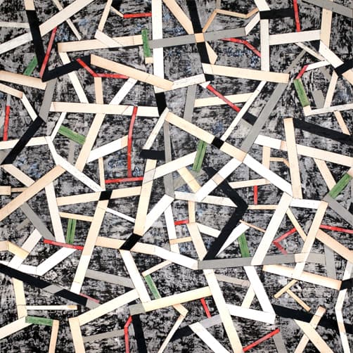 Untitled, 2025. Mixed media decollage on canvas, 150 x 150 cm.